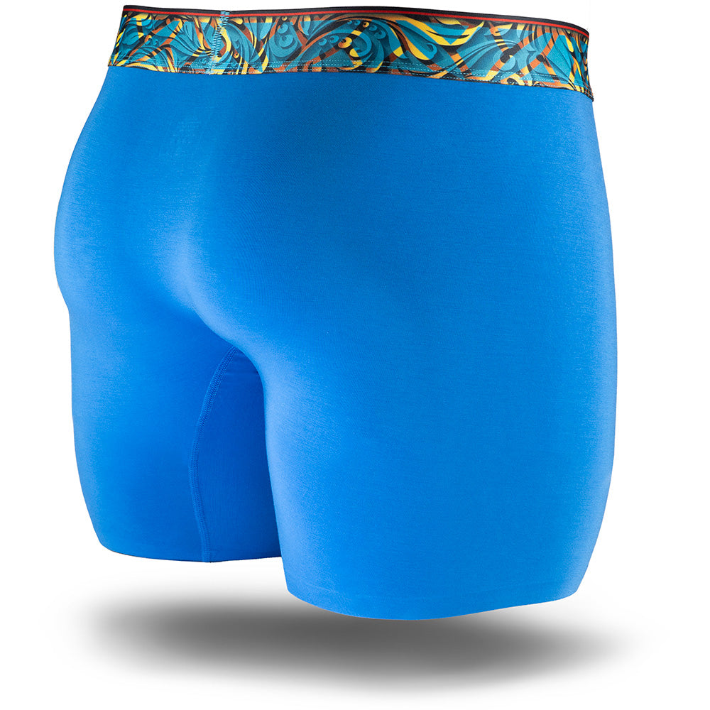 Herculaneum Blue men's boxer brief featuring a contoured single layer Pouch with with horizontal fly, patterned waistband, seamless hems and a 5" inseam. Back Image.