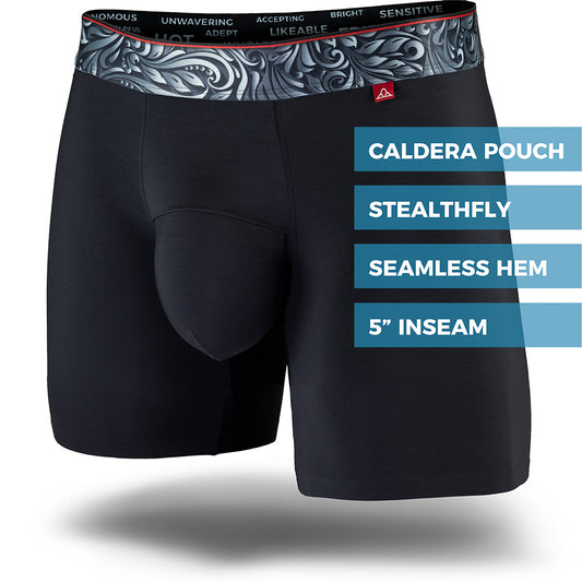 Black men's boxer brief featuring a contoured single layer Pouch with with horizontal fly, patterned waistband, seamless hems and a 5" inseam. Front Image.