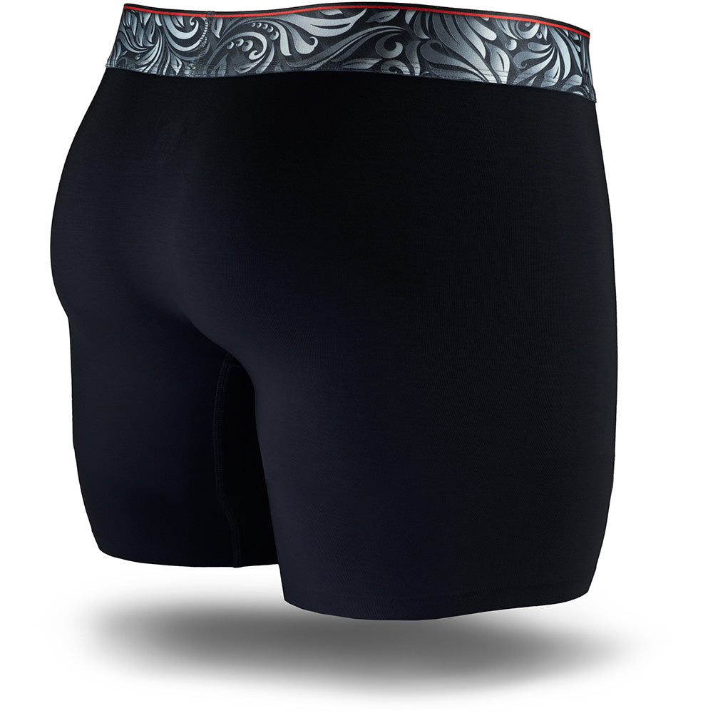Black men's boxer brief featuring a contoured single layer Pouch with with horizontal fly, patterned waistband, seamless hems and a 5" inseam. Back Image.