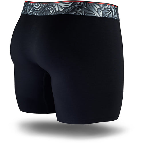 Black men's boxer brief featuring a contoured single layer Pouch with with horizontal fly, patterned waistband, seamless hems and a 5" inseam. Back Image.