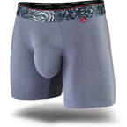 Stone Grey men's boxer brief featuring a contoured single layer Pouch with with horizontal fly, patterned waistband, seamless hems and a 5" inseam. Front Image.