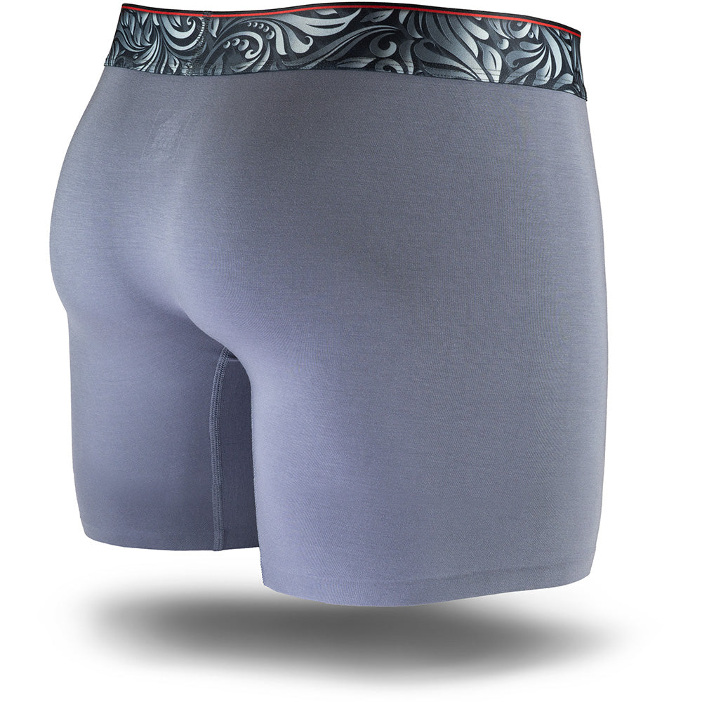 Stone Grey men's boxer brief featuring a contoured single layer Pouch with with horizontal fly, patterned waistband, seamless hems and a 5" inseam. Back Image.