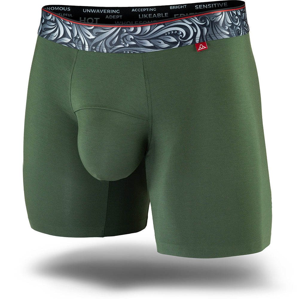 Power Green men's boxer brief featuring a contoured single layer Pouch with with horizontal fly, patterned waistband, seamless hems and a 5" inseam. Front Image.
