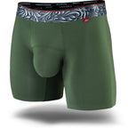 Power Green men's boxer brief featuring a contoured single layer Pouch with with horizontal fly, patterned waistband, seamless hems and a 5" inseam. Front Image.