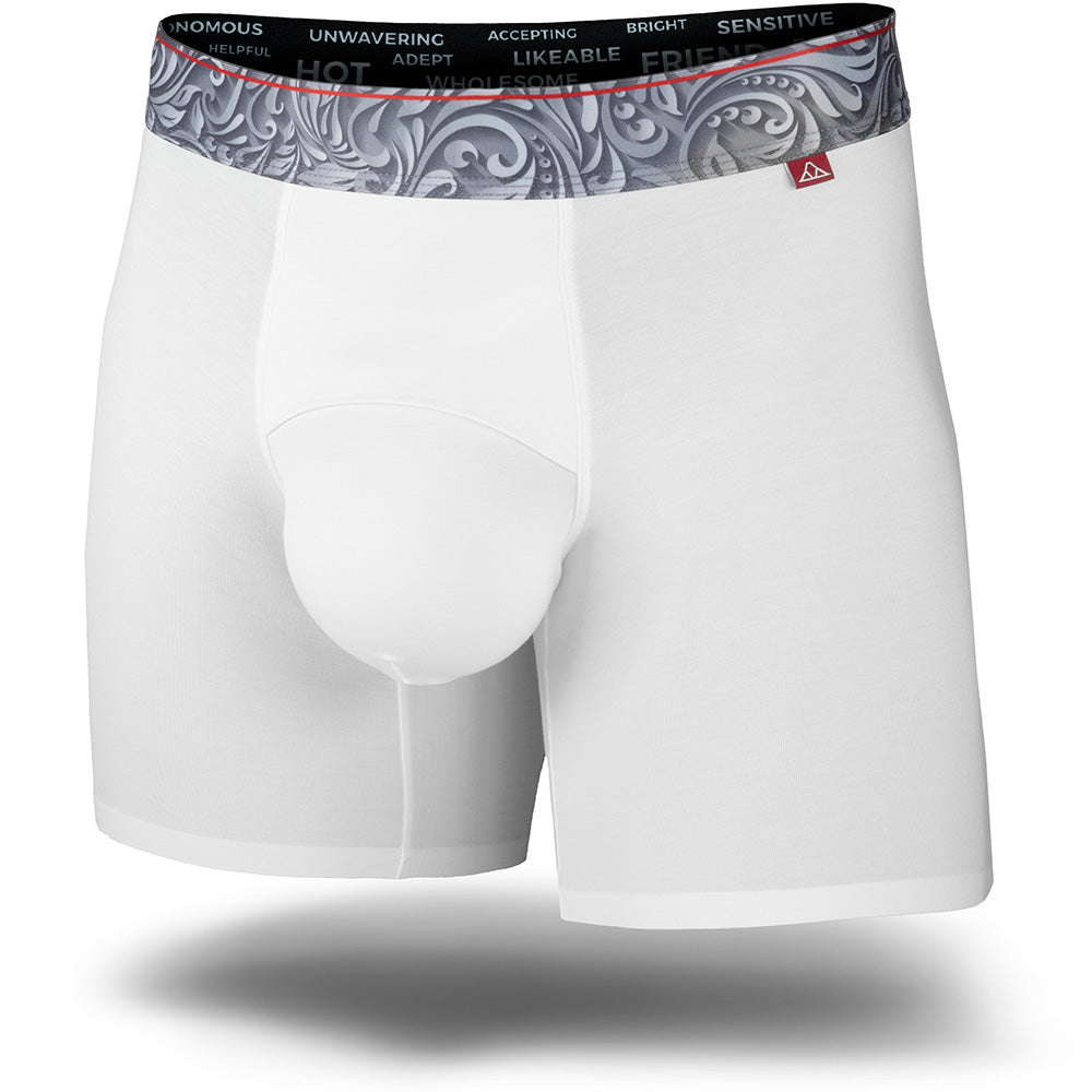White men's boxer brief featuring a contoured single layer Pouch with with horizontal fly, patterned waistband, seamless hems and a 5" inseam. Front Image.