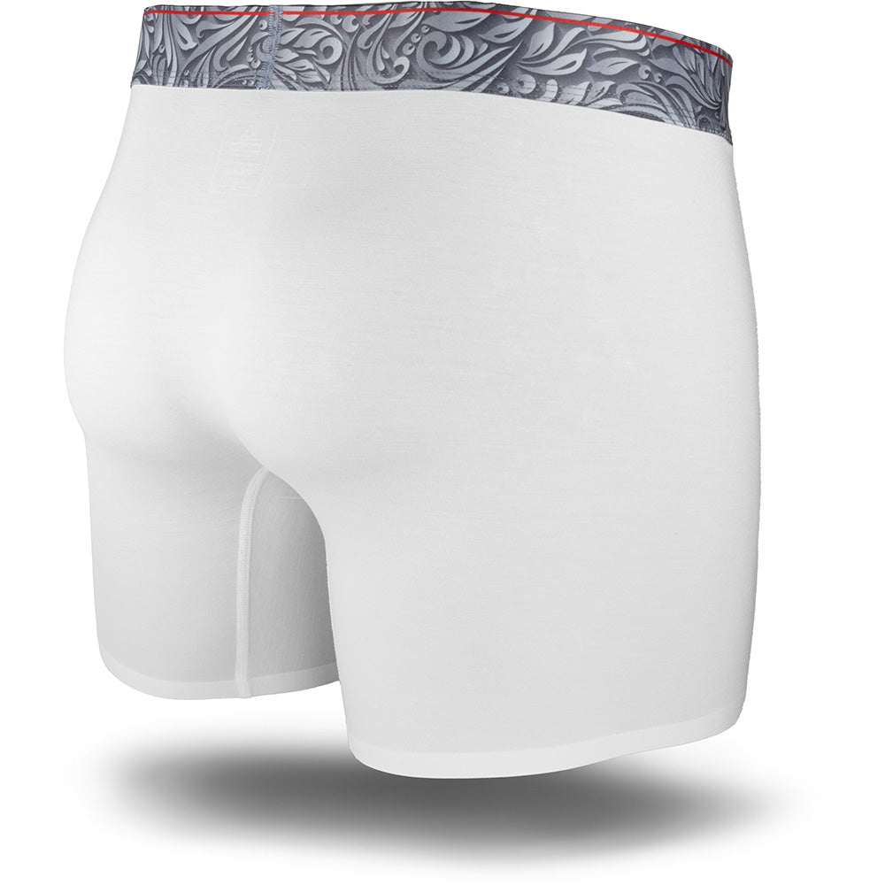 Herculaneum Blue men's boxer brief featuring a contoured single layer Pouch with with horizontal fly, patterned waistband, seamless hems and a 5" inseam. Back Image.