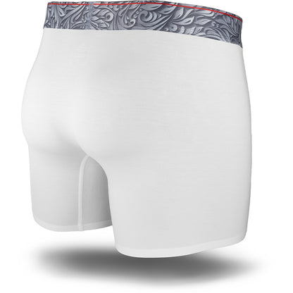 Herculaneum Blue men's boxer brief featuring a contoured single layer Pouch with with horizontal fly, patterned waistband, seamless hems and a 5" inseam. Back Image.