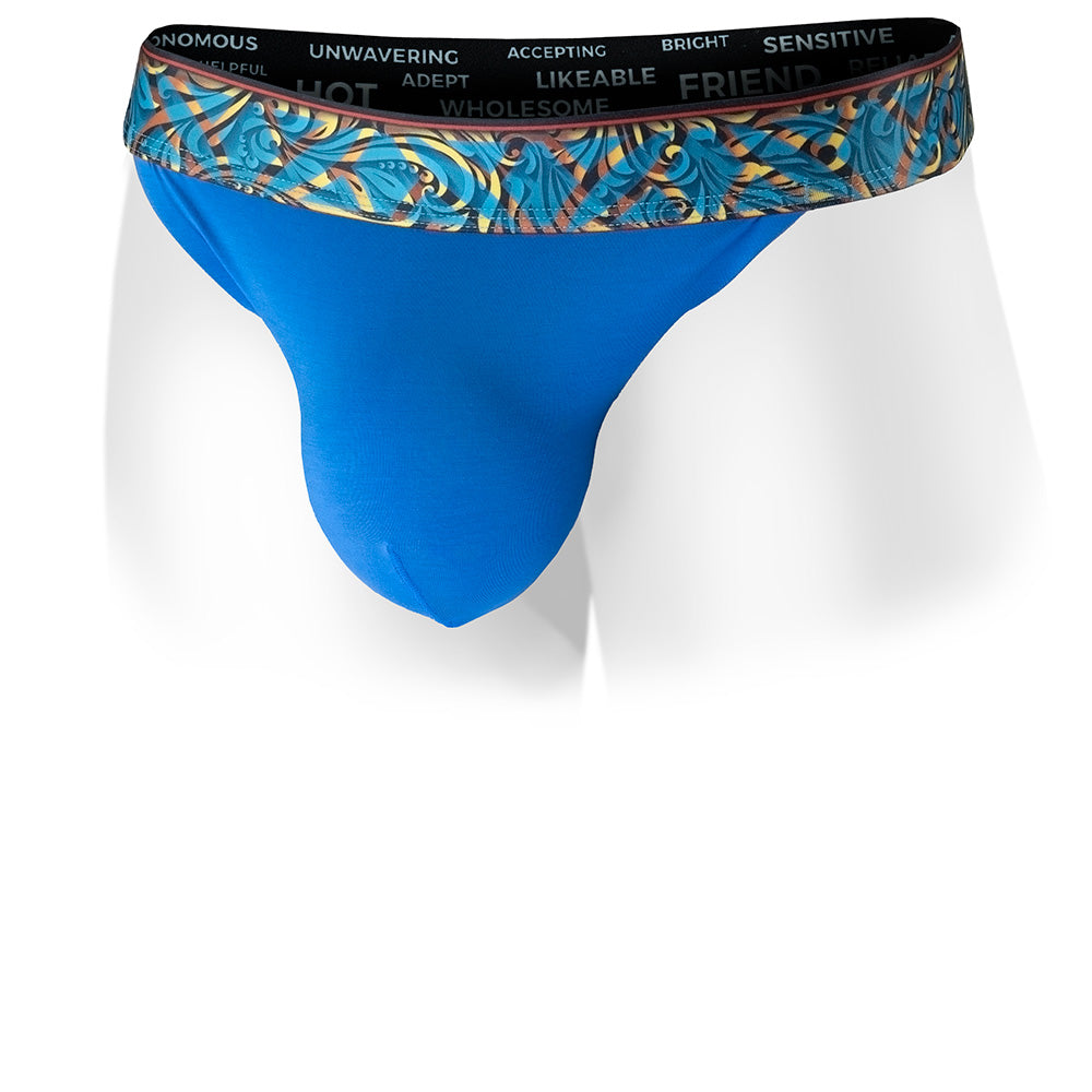 Herculaneum Blue Vesuvius Thong with a blue and gold patterned waistband on a white background. Front view.