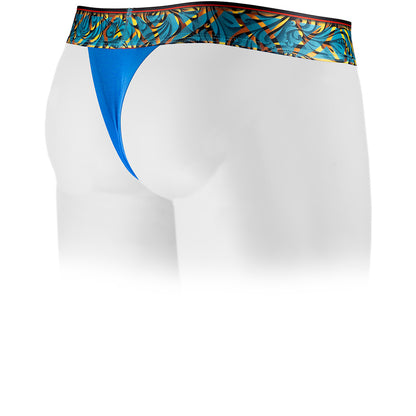 Herculaneum Blue Vesuvius Thong with a blue and gold patterned waistband on a white background. Back view.