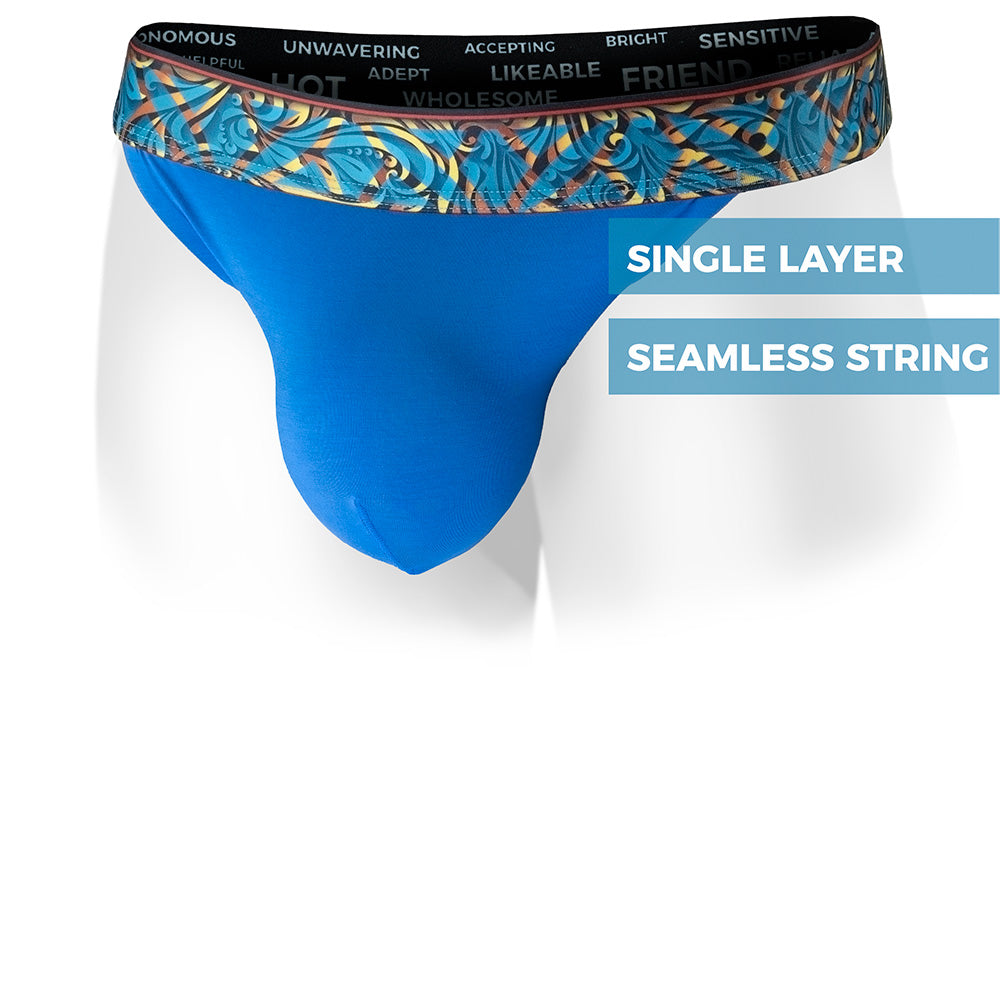 Herculaneum Blue men's thong featuring a single layer modal pouch without a fly and patterned waistband. Front Image.