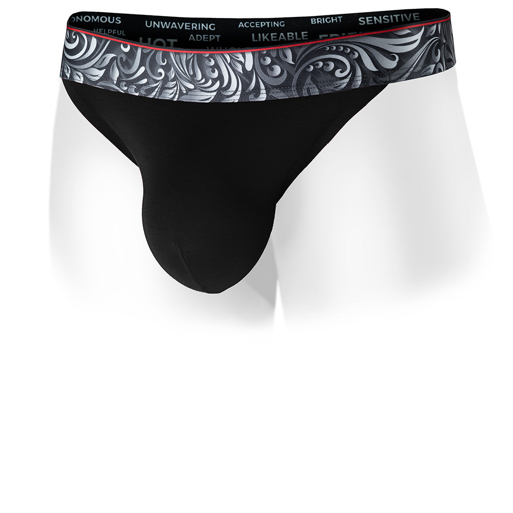 Black Vesuvius Thong with a  patterned waistband on a white background. Front view.