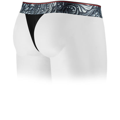 Black Vesuvius Thong with a patterned waistband on a white background. Back view.