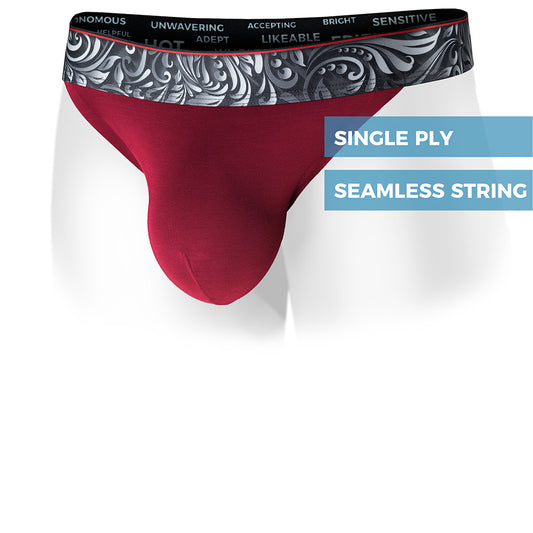 Lahaina Red Vesuvius Thong with a patterned waistband on a white background. Front view.