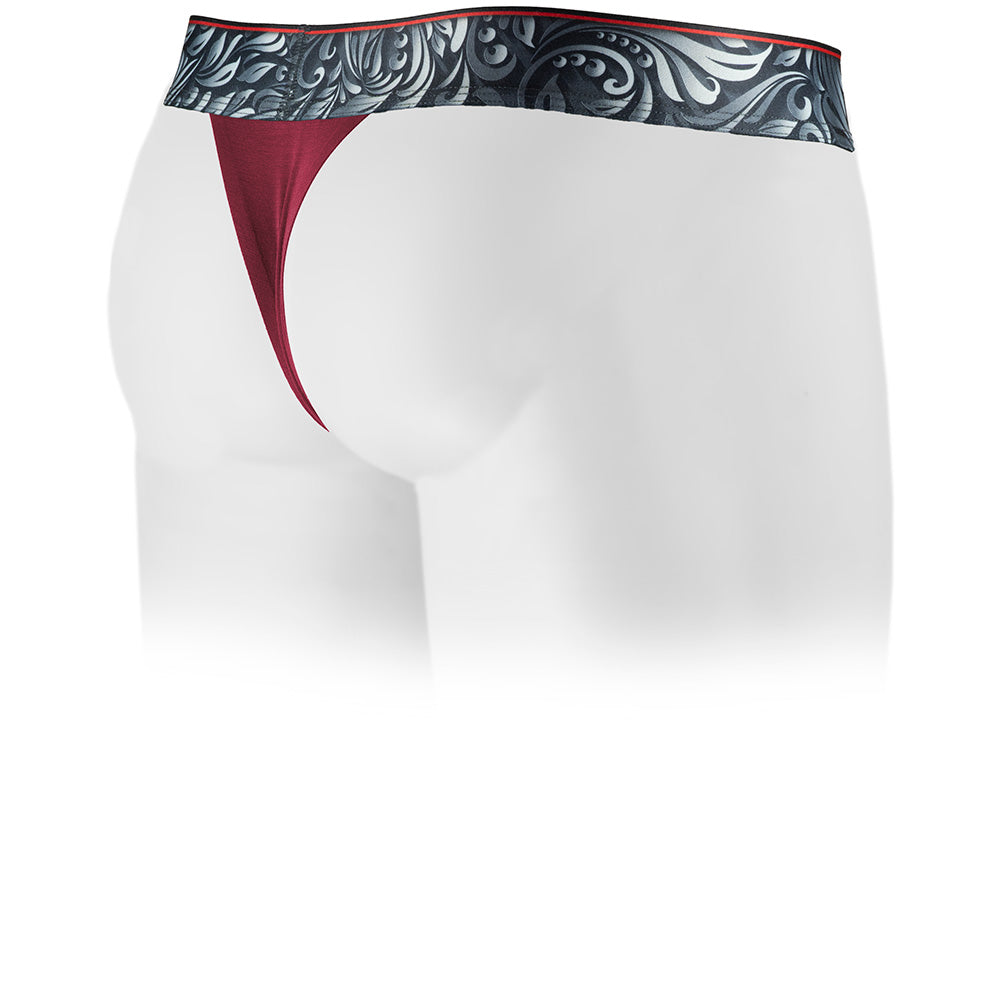 Lahaina Red Vesuvius Thong with a patterned waistband on a white background. Front view.