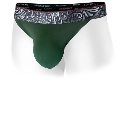 Power Green men's thong featuring a single layer modal pouch without a fly and patterned waistband. Front Image.