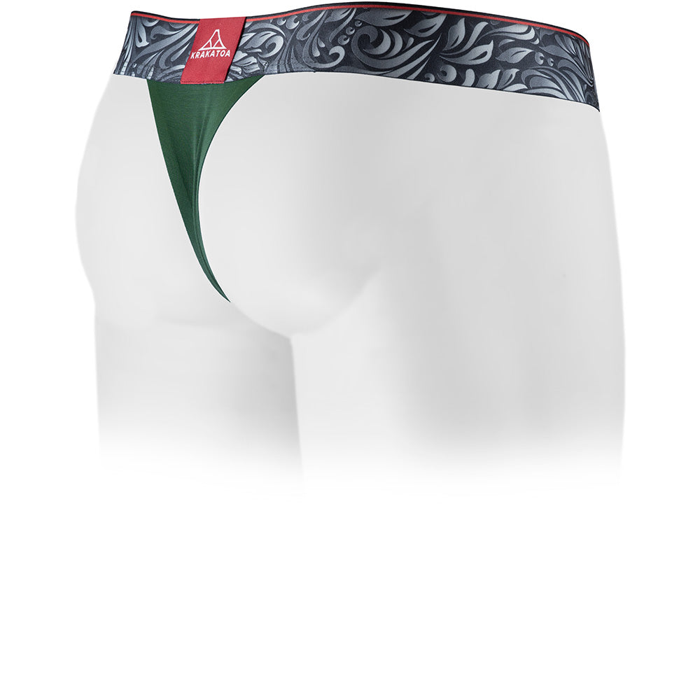 Power Green men's thong featuring a single layer modal pouch without a fly and patterned waistband. Back Image.