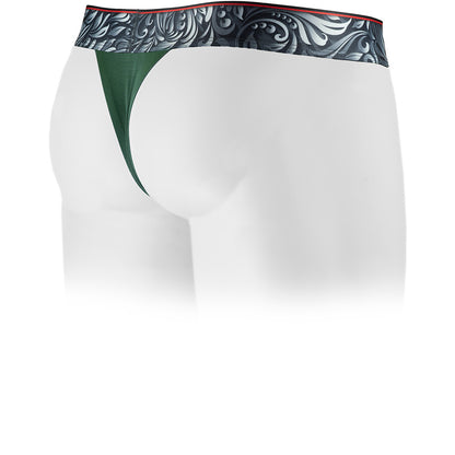 Power Green Vesuvius Thong with a patterned waistband on a white background. Back view.
