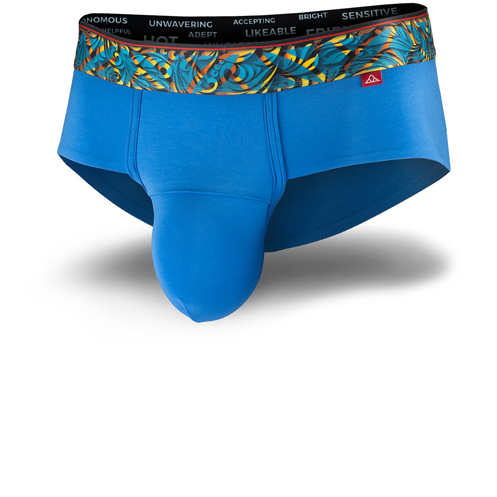 Blue men's briefs underwear with a patterned waistband showcasing the Caldera Pouch design for support and a seamless hem.