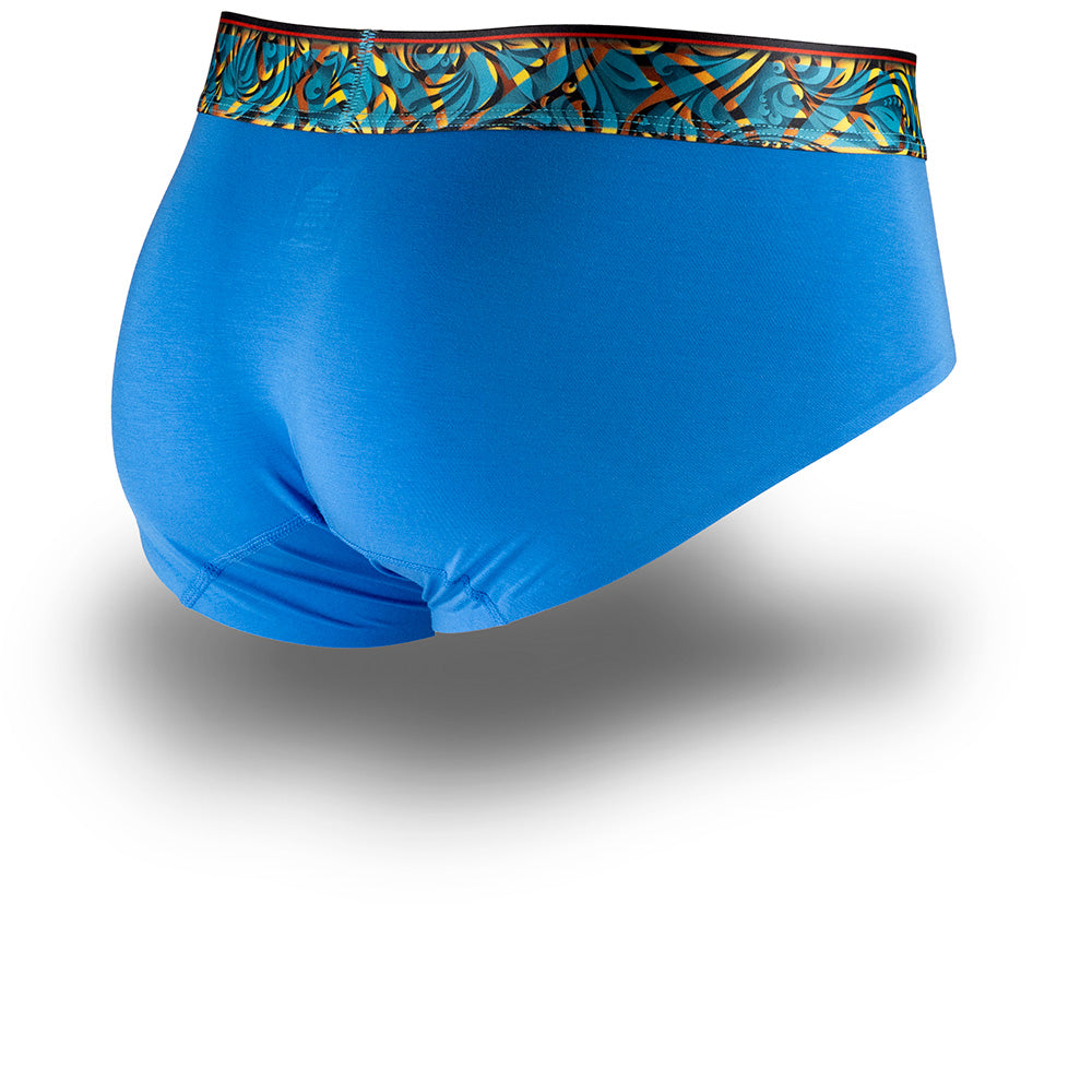 Blue men's briefs underwear with a patterned waistband showcasing the Caldera Pouch design for support and a seamless hem.
