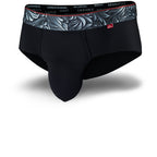 Black men's briefs underwear with a patterned waistband showcasing the Caldera Pouch design for support and a seamless hem.