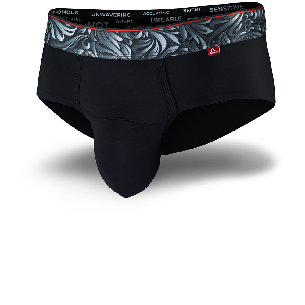 Black men's briefs underwear with a patterned waistband showcasing the Caldera Pouch design for support and a seamless hem.