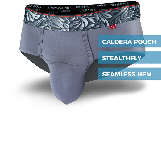 Gray men's briefs underwear with a patterned waistband showcasing the Caldera Pouch design for support and a seamless hem.