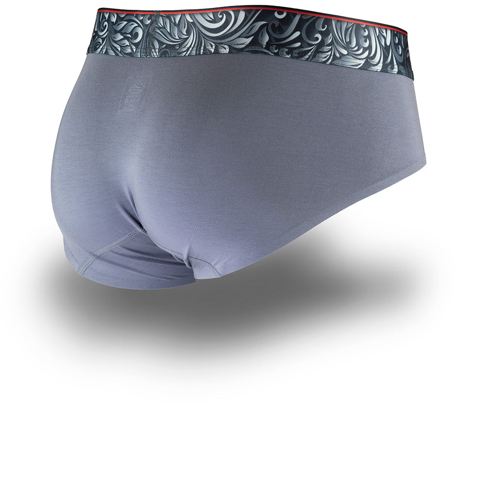 Gray men's briefs underwear with a patterned waistband showcasing the Caldera Pouch design for support and a seamless hem.