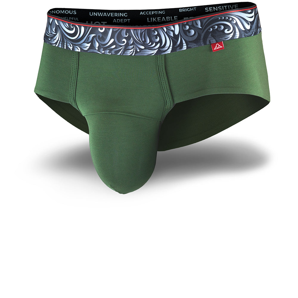 Green men's briefs underwear with a patterned waistband showcasing the Caldera Pouch design for support and a seamless hem.