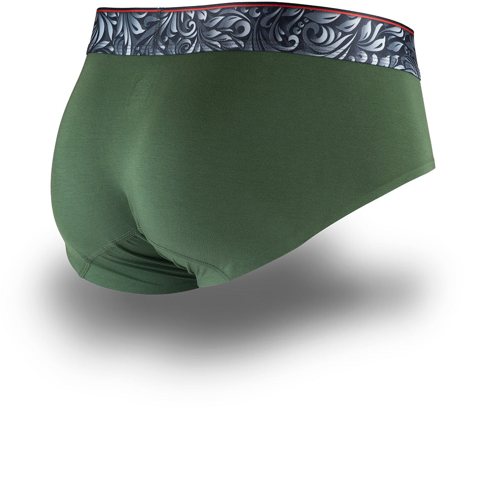 Green men's briefs underwear with a patterned waistband showcasing the Caldera Pouch design for support and a seamless hem.
