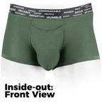 Green boxer briefs with a text-wrapped waistband on a white background
