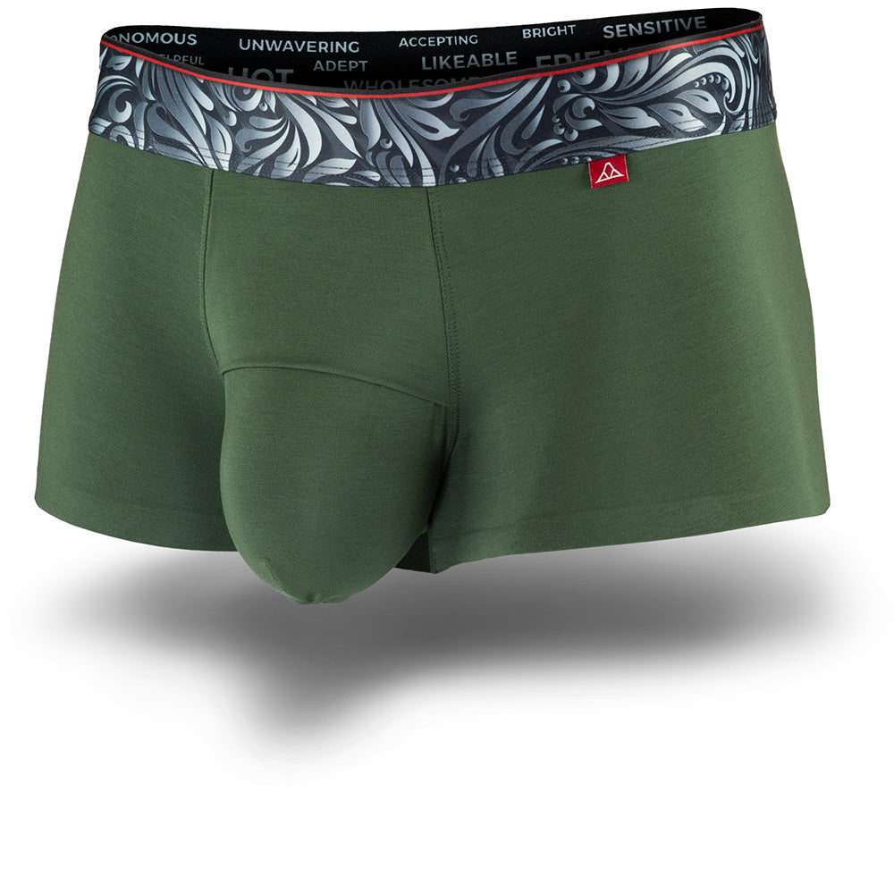 Dark Green men's trunks featuring a contoured "Caldera Pouch" for support, a grey and green patterned waistband, and a 1.5" inseam. Front Image.