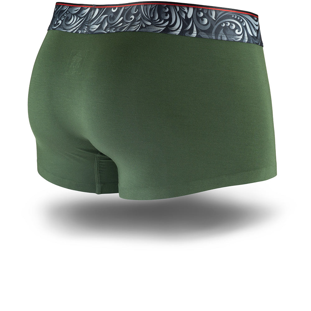Dark Green men's trunks featuring a contoured "Caldera Pouch" for support, a grey and green patterned waistband, and a 1.5" inseam. Back Image.