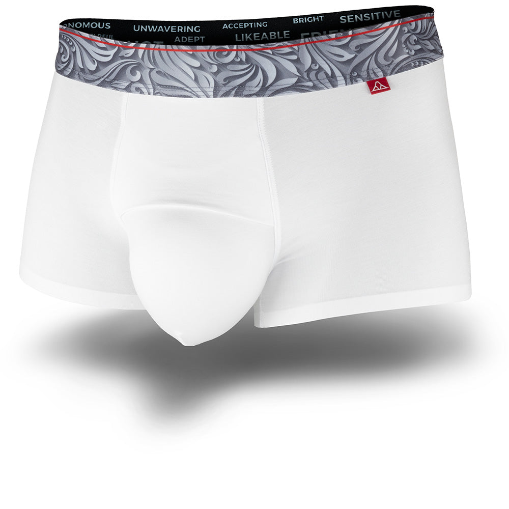 White boxer briefs with a patterned waistband on a white background