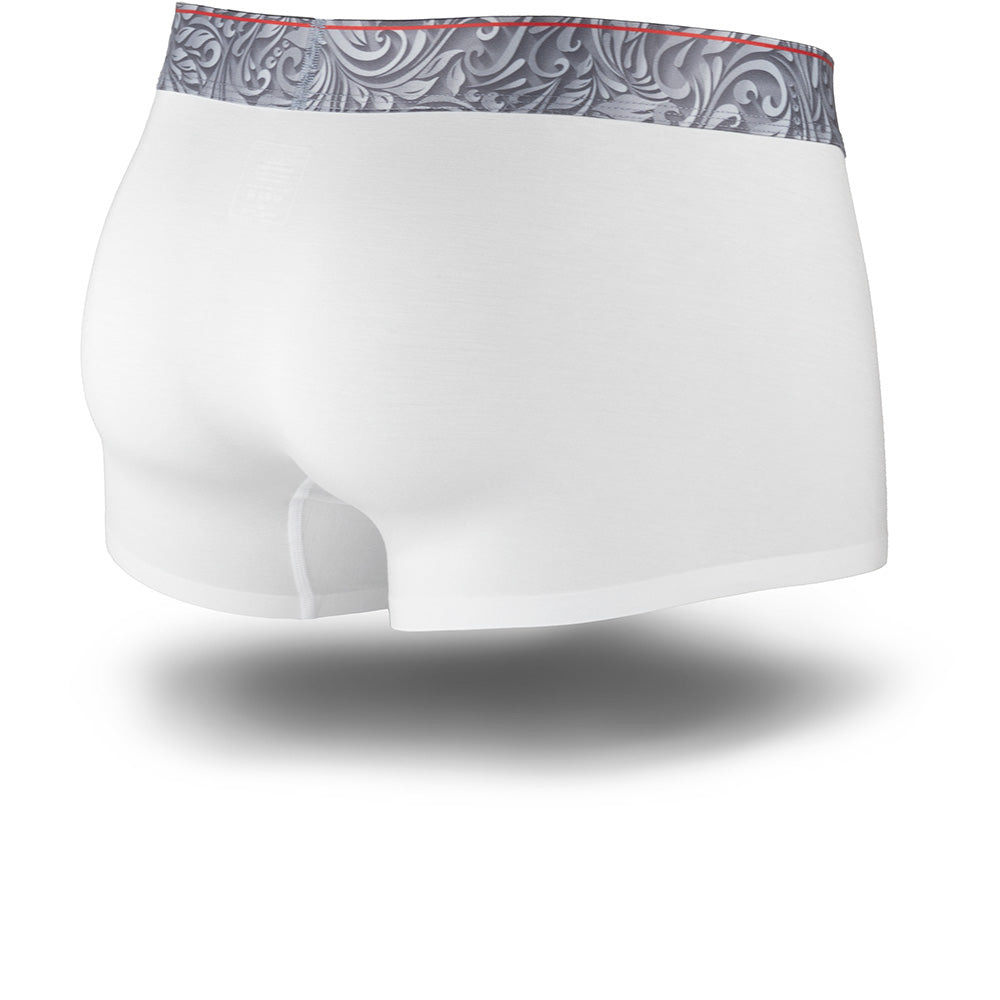 White boxer briefs with a patterned waistband on a white background