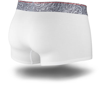 White boxer briefs with a patterned waistband on a white background