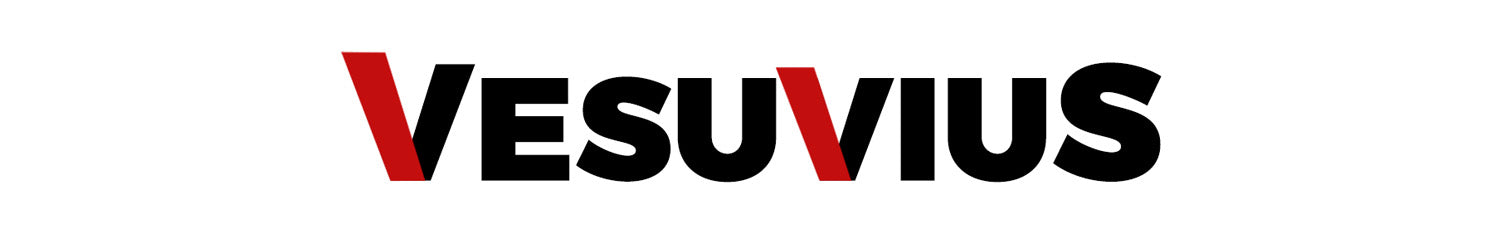 Vesuvius logo in black and red on a white background