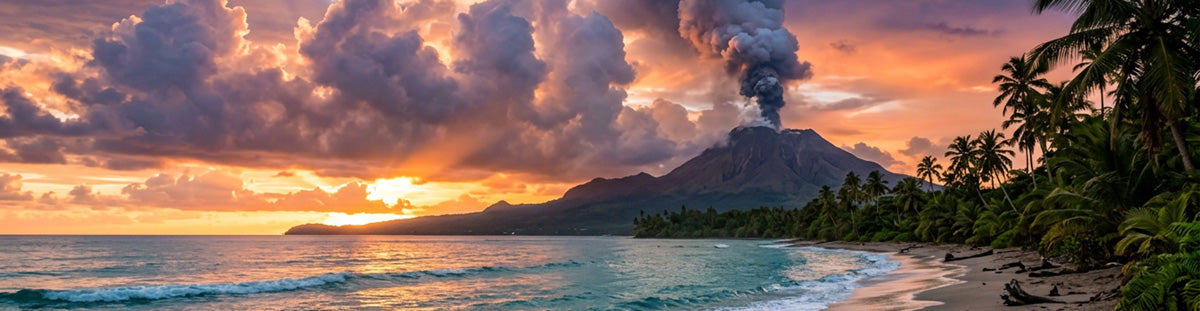 Sunset over a tropical beach with a volcano in the background