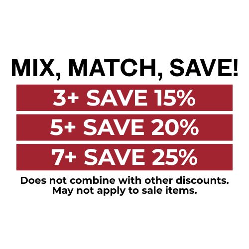 Discount promotion with text 'MIX, MATCH, SAVE!' and savings percentages on a white background.
