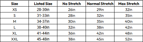 Table displaying size chart with listed and stretch measurements for a product.