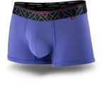 Glacier Blue men's trunks featuring a contoured Pouch for support without a fly, a grey patterned waistband. and a 2" inseam. Front Image.