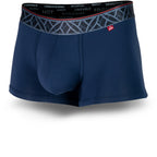 Midnight Blue men's trunks featuring a contoured Pouch for support without a fly, a grey patterned waistband. and a 2" inseam. Front Image.