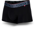 Black men's trunks featuring a contoured Pouch for support without a fly, a grey patterned waistband. and a 2" inseam. Front Image.